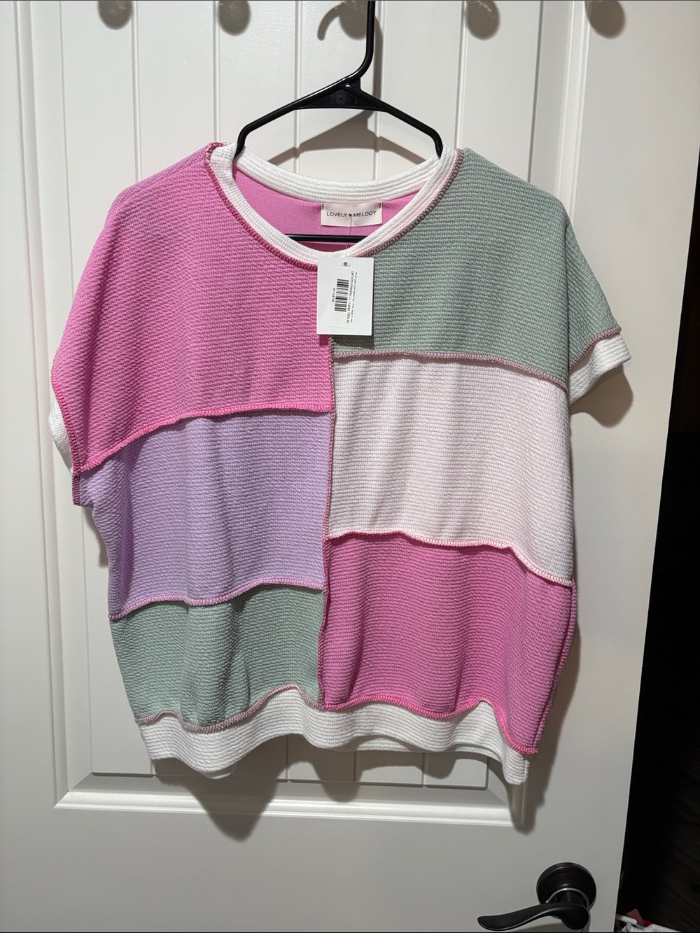 Arrow 22/Lovely Melody Colorblock Short Sleeve Knit Top - Pink/Green